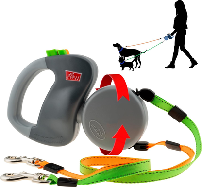  Two Dog Reflective Retractable Pet Leash Orange and Green Leads Dual Locking Tangle Free.